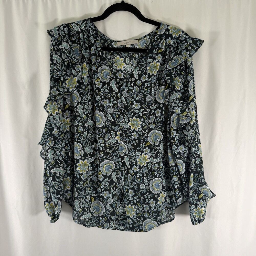LOFT Blouse Women's Medium Blue Floral Semi Sheer Vneck Long Sleeve Lightweight